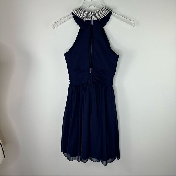 Speechless Junior Halter Style Chiffon Navy Cocktail Dress with Pearl Collar 1 - Picture 16 of 16